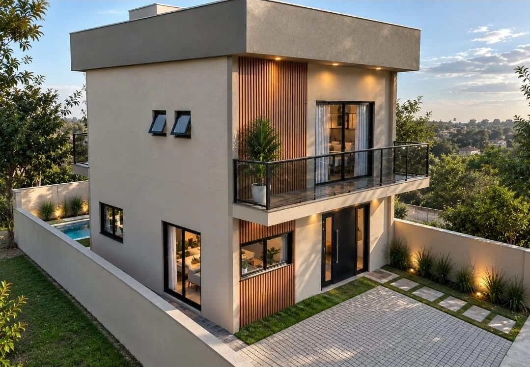 Vista aérea da casa modelo com área gourmet e piscina
