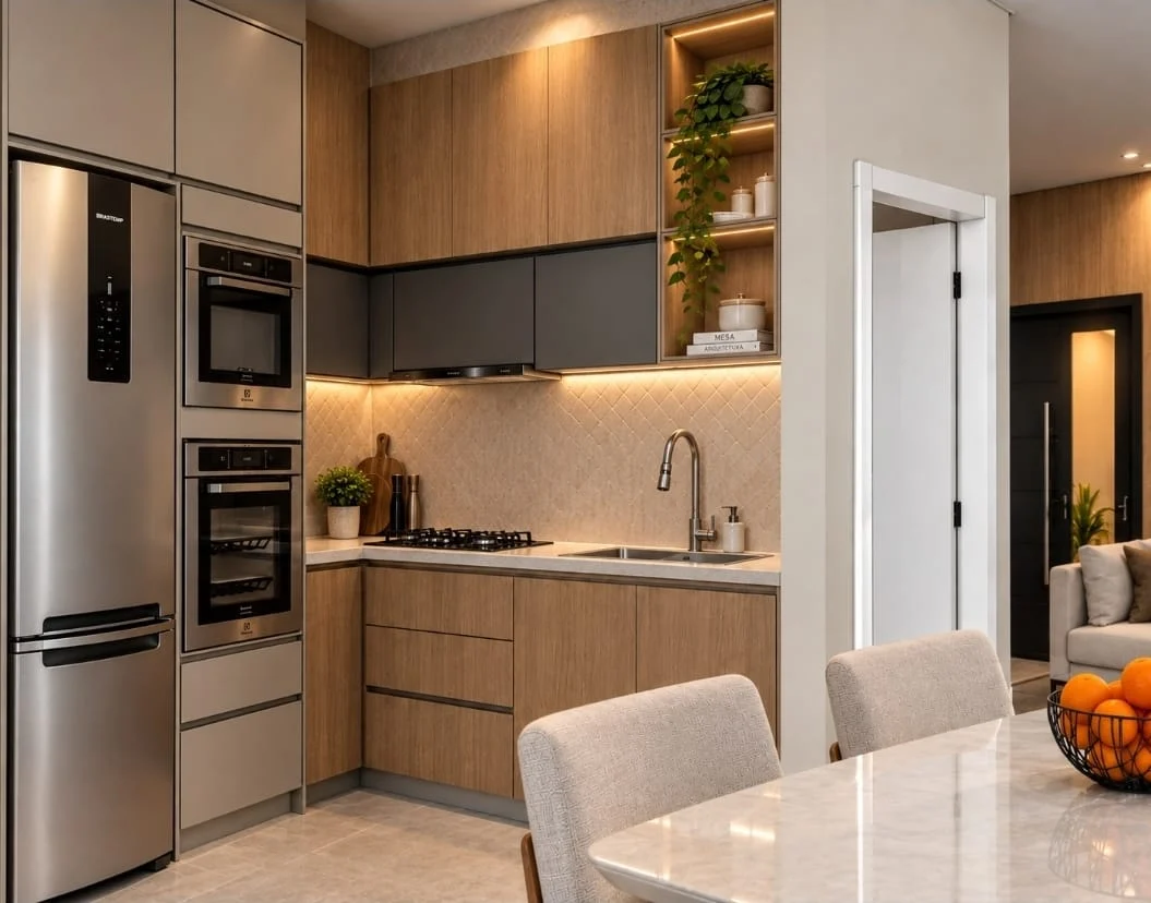 Cozinha da casa modelo com geladeira e fornos embutidos
